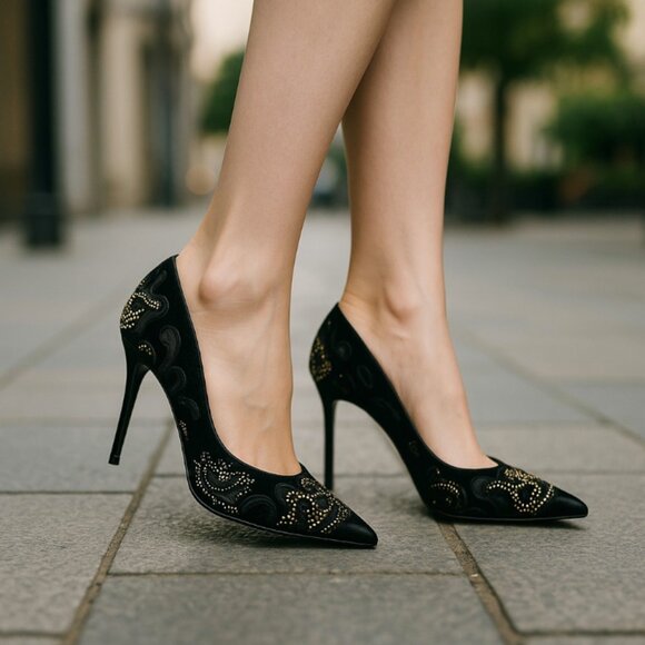 NEW JIMMY CHOO -- Stiletto Heels, Black, Anouk Leather w/Gold Studs, Evening - Picture 1 of 15